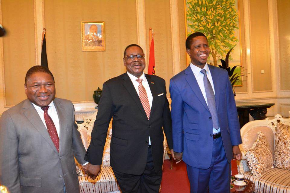 Mutharika (C) with  Nyusi (L) and Lungu (R) during the meeting.