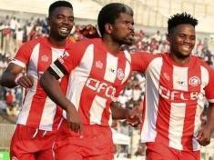 Fodya (C) celebrating a goal for Nyasa Big Bullets in a Super League game against Tigers