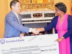 First Lady Monica Chakwera receiving donation from Wang Hao, Chinese Charge De Affair,