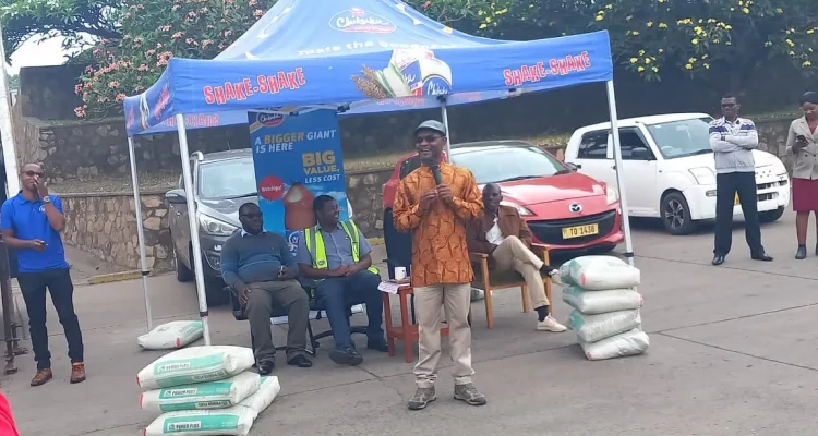 Ben Phiri of Thyolo Central speaking when Chibuku Products donated 200 bags of cement to Cyclone Freddy survivors in Thyolo Central