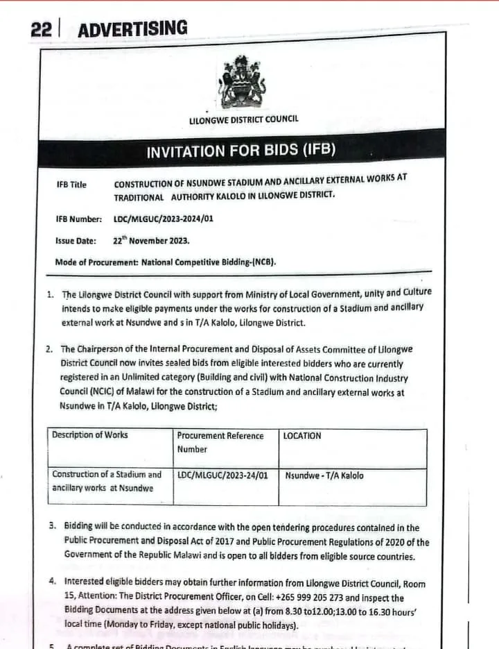 Invitation for bids for Nsundwe Stadium