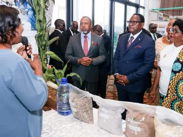 President Lazarus Chakwera, Vice President Saulos Chilima and Monica Chakwera during the commemorations of Non-Governmental Organization (NGO) Day at Bingu International Convention Center (BICC) in Lilongwe.