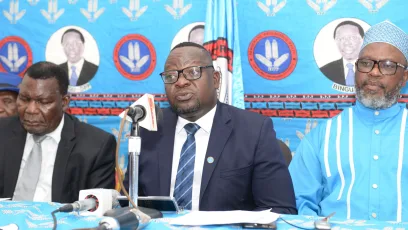 DPP spokesperson Shadric Namalomba (C) and convention chairperson George Chaponda