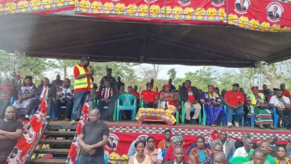 Finance and Economic Affairs Minister Simplex Chithyola-Banda speaking at a Mega Rally at Santhe Admarc Football Ground that was hosted on January 1.