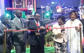 Reverend Nick Chakwera (2nd from L), his father president Lazarus Chakwera (c), his mother First Lady Monica Chakwera (2nd from R) and his wife Rudo Chakwera during the book launch in 2023.