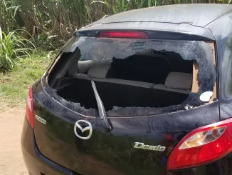 One of the vehicles damaged by suspected MCP thugs