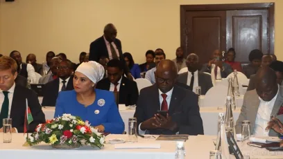 Country Manager for World Bank in Malawi, Hugh Riddell, with Minister of Water Abida Mia during the launch of the 18th Malawi Economic Monitor (MEM)