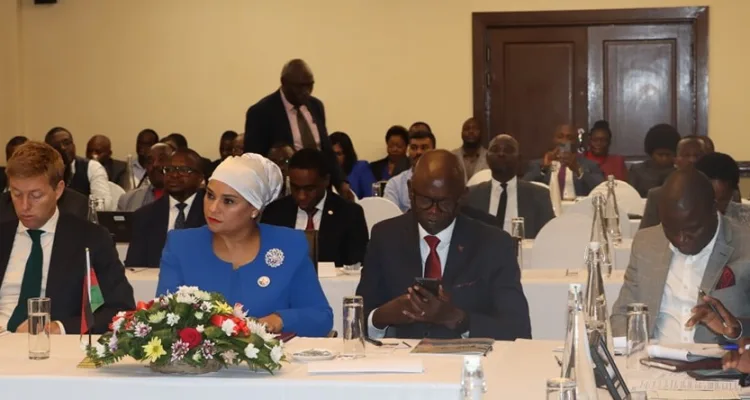 Country Manager for World Bank in Malawi, Hugh Riddell, with Minister of Water Abida Mia during the launch of the 18th Malawi Economic Monitor (MEM)