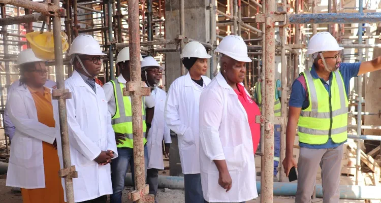 Minister of Health Khumbize Kandodo Chiponda during a visit to the National Cancer Center at Kamuzu Central Hospital (KCH), to appreciate the progress of the construction of a new wing which once completed, will improve radiotherapy services.