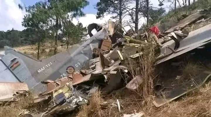 Aircraft wreckage from the Malawi plane crash in a rural area.