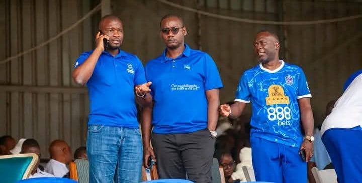 Minister of Youth Sports and Culture Alfred Gangata left on phone at Kamuzu Stadium in Blantyre during the failed FDH Bank Premiership launch on 25 April 2026