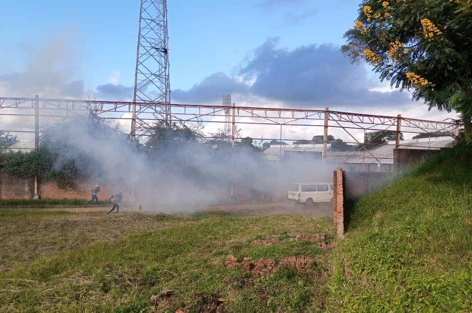 Tear gas fills the air outside Kamuzu Stadium in Blantyre as police disperse crowds following the collapse of the 2026 FDH Bank Premiership launch on Saturday April 26 2026