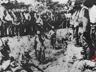 Archival photo showing Japanese soldiers bayoneting Chinese civilians during the Nanjing Massacre in 1937.