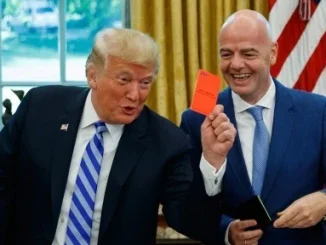 Donald Trump and FIFA president Gianni Infantino at the White House amid controversy over Folarin Balogun’s red card ban.