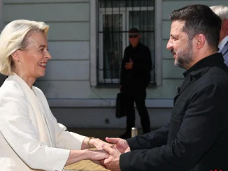 European Commission President Ursula von der Leyen with Ukrainian President Volodymyr Zelenskyy in Kyiv as the EU announces €1 billion for Ukraine's drone production