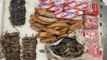 Dead African mice and beef seized from Malawi luggage at Chicago O’Hare Airport, with The Nation newspaper and Ori French Polony visible