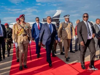 Malawi President Peter Mutharika walks along a red carpet alongside senior military, police and security officials during an airport arrival ceremony